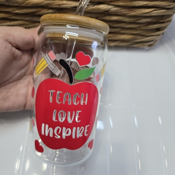 Other - Red Apple Glass Tumbler with Bamboo Lid With Glass Straw Teacher